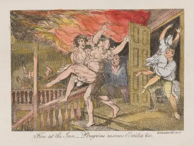 Brand på värdshuset — Perigrine räddar Emilia m.fl. av Thomas Rowlandson