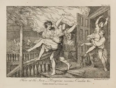 Fire at the inn — Perigrine rescues Emilia &c., Thomas Rowlandson
