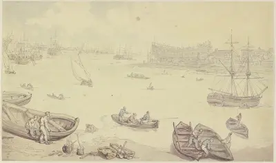 Flod med många skepp och ett skeppsvarv av Thomas Rowlandson
