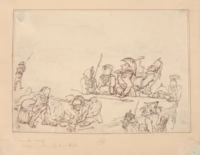 French camp preparing to dine off horseflesh, Thomas Rowlandson
