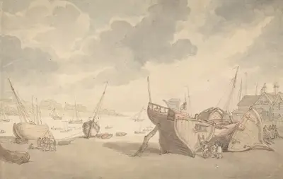 Hamnscen vid lågvatten med uppdragna båtar av Thomas Rowlandson