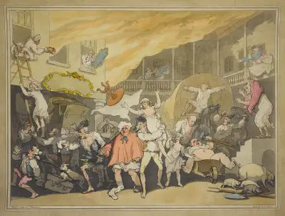 Inn yard on fire, Thomas Rowlandson