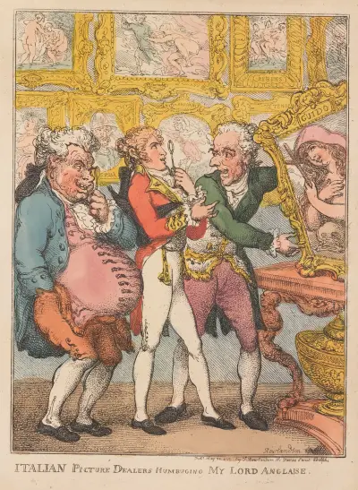 Italienska konstdhandlare lurar lord Anglais av Thomas Rowlandson