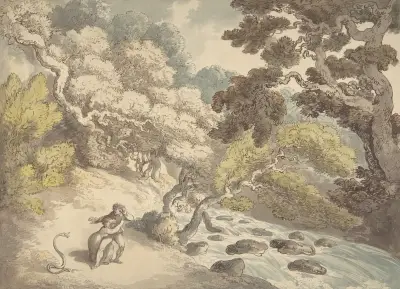 Landscape with rushing stream and a couple on the bank, frightened by a snake av Thomas Rowlandson