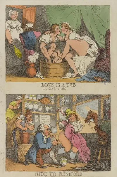 Love in a tub or a cure for a cold. Ride to Rumford, Thomas Rowlandson