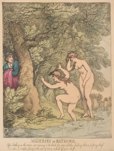 Badplågor; Efter bad i floden när du återvänder till stranden för dina kläder . . . av Thomas Rowlandson
