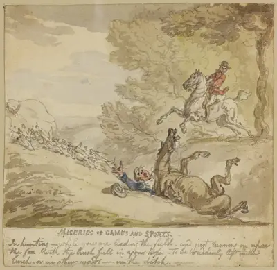 Miseries of games and sports; In hunting – while you are leading the field . . . To be suddenly . . . In the ditch . . . av Thomas Rowlandson