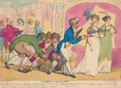 Miseries of high life; Briskly stooping to pick up a lady’s fan . . . von Thomas Rowlandson