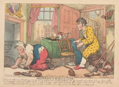 Miseries of human life; Getting up early in a cold, gloomy morning . . ., Thomas Rowlandson