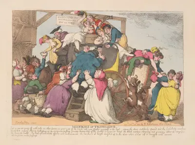 Miseries of travelling; Just as you are going off with only . . ., Thomas Rowlandson