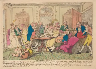 Eländets personliga; Efter middagen när damerna drar sig tillbaka med er från ett sällskap av mycket trevliga män . . . av Thomas Rowlandson