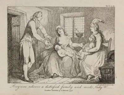 Peregrine relieves a distressed family and meets Lady V av Thomas Rowlandson