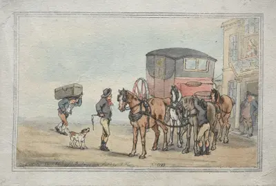Postpojkar och posthästar vid White Hart Inn av Thomas Rowlandson