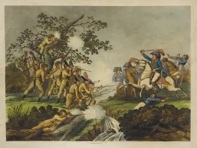 Skarp- skyttar attackerade av kavalleri av Thomas Rowlandson