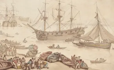 Ships landing, probably at Portsmouth, Thomas Rowlandson