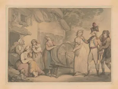 Soldater och bybor utanför en bondgård av Thomas Rowlandson
