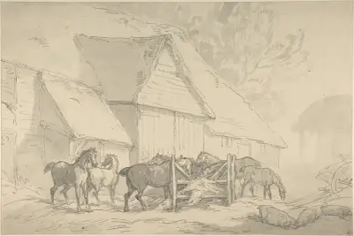 Stallgård med hästar av Thomas Rowlandson