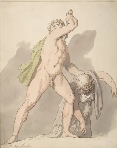 Standing Nude Man Supporting Fainting Female (Ludovisi Gaul in the Uffizi) von Thomas Rowlandson