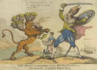 Vilddjuret som beskrivs i Uppenbarelseboken, kap. 13. Liknar Napoleon Buonaparte av Thomas Rowlandson