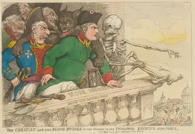 Korsikanen och hans blodhundar vid Tuileriernas fönster med utsikt över Paris av Thomas Rowlandson