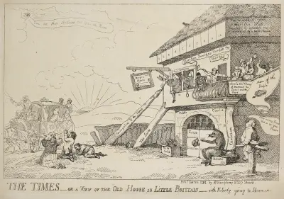 The times – or a view of the Old House in Little Brittain – with nobody going to Hannover, Thomas Rowlandson