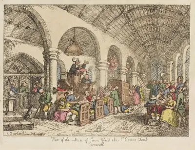 View of the interior of Simon Ward alias St. Brener’s Church, Cornwall av Thomas Rowlandson