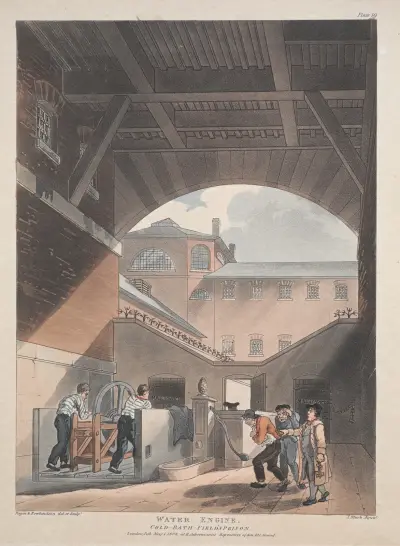 Vattenmaskinen, kalla badet, Fields fängelse av Thomas Rowlandson