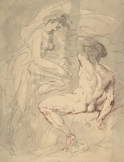 Kvinna som talar med en sittande naken man av Thomas Rowlandson
