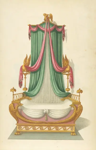 Säng med grönt och rosa draperi och dekorativa örnar av Thomas Sheraton