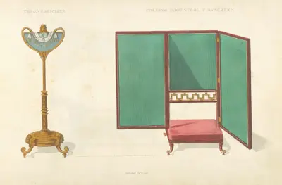 Tripod firescreen. Folding foot-stool firescreen. av Thomas Sheraton