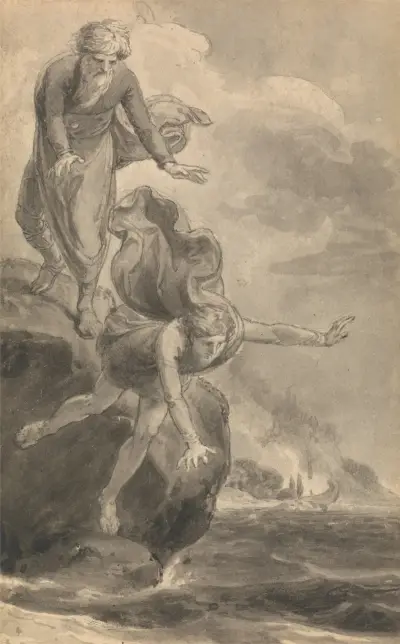 En av sex illustrationer till Fénelons ”Telemakos äventyr, son till Odysseus” av Thomas Stothard