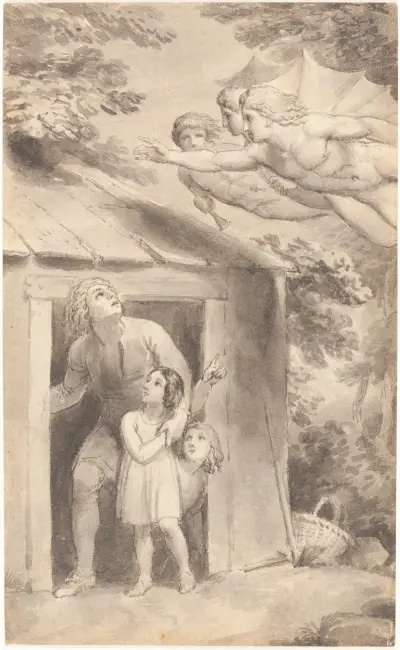 Petrus und seine Kinder, von drei fliegenden Gestalten besucht von Thomas Stothard