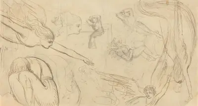 Studieblad med änglar och hopkrupna figurer (illustration till Macklins bibel) av Thomas Stothard