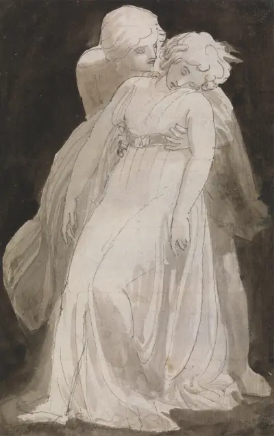 Fürsorge; ein Mann, der eine ohnmächtige Frau stützt von Thomas Stothard