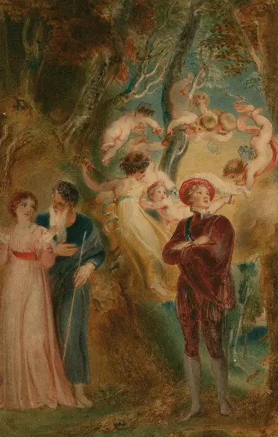 The tempest, Ferdinand, Miranda, Prospero and Ariel av Thomas Stothard