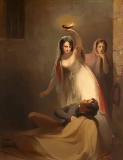 Cecelia Howard and Katherine Plowden arousing the prisoner Edward Griffith from his slumber av Thomas Sully