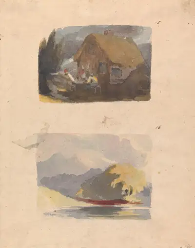 Cottage with Figures in Front (no. 15); Landscape with River and Mountains – Sunshine (no. 16) von Thomas Sully