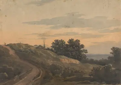 Kuperat landskap med hus, stig och figurer av Thomas Sully