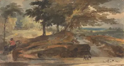 Landskap med kulle och träd, ryttare av Thomas Sully