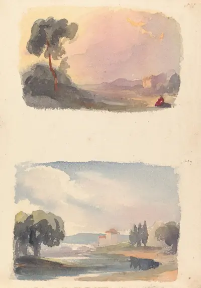 Landskap med berg i fjärran och sittande figurer i förgrunden, landskap med flod och byggnad, berg i fjärran av Thomas Sully