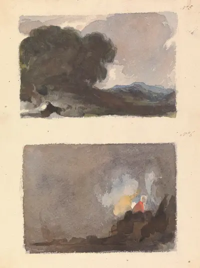Landskap med träd i förgrunden och berg i fjärran; figur i interiör av Thomas Sully