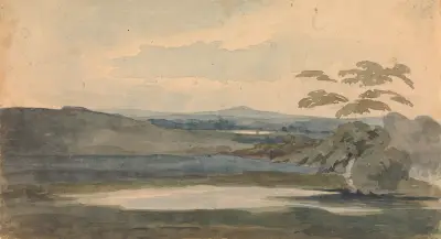 Landskap med träd och berg, sjö i förgrunden av Thomas Sully