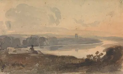 Landskap med slingrande flod, figur på kulle i förgrunden av Thomas Sully