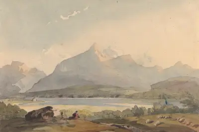 Bergslandskap med sjö och figur i förgrunden av Thomas Sully