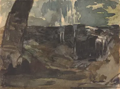 Klippigt landskap, stor trädstam i förgrunden av Thomas Sully