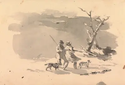 Två jägare och två hundar i vinterscen av Thomas Sully