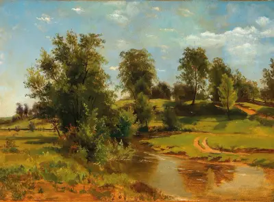 Eine hüglige Landschaft mit Bach von Tina Blau