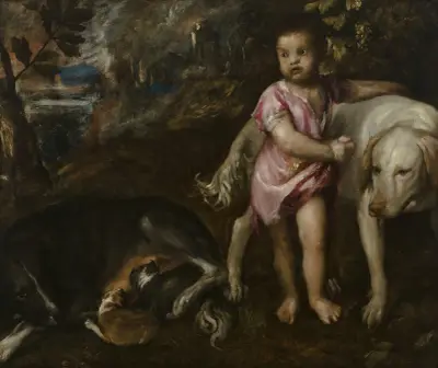 Boy with Dogs in a Landscape av Titian