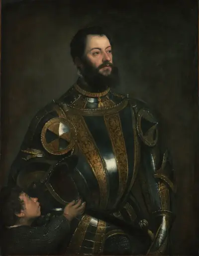 Portrait of Alfonso d’Avalos, Marchese del Vasto, in Armor with a Page av Titian