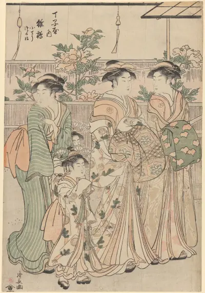 Peonies on Nakanochô Street in Yoshiwara Gay Quarters (Nakanochô no Botan), 1789 – nr 1 av Torii Kiyonaga